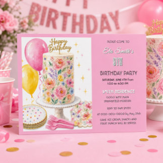 Invitación Tarta De Cumpleaños De Flor Rosa Femenina Fiesta D