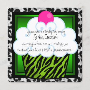 Invitación Tarta De Cumpleaños De Las Niñas Cebra Verde Lima