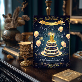 Invitación Tarta de cumpleaños de lujo | Elegante oro y azul 