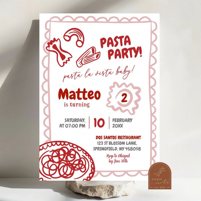 Invitación Tarta de cumpleaños de pasta de pizza roja dibujad (Subido por el creador)