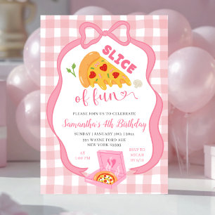 Invitación Tarta de cumpleaños de pizza Pink Bow Gingham Slic