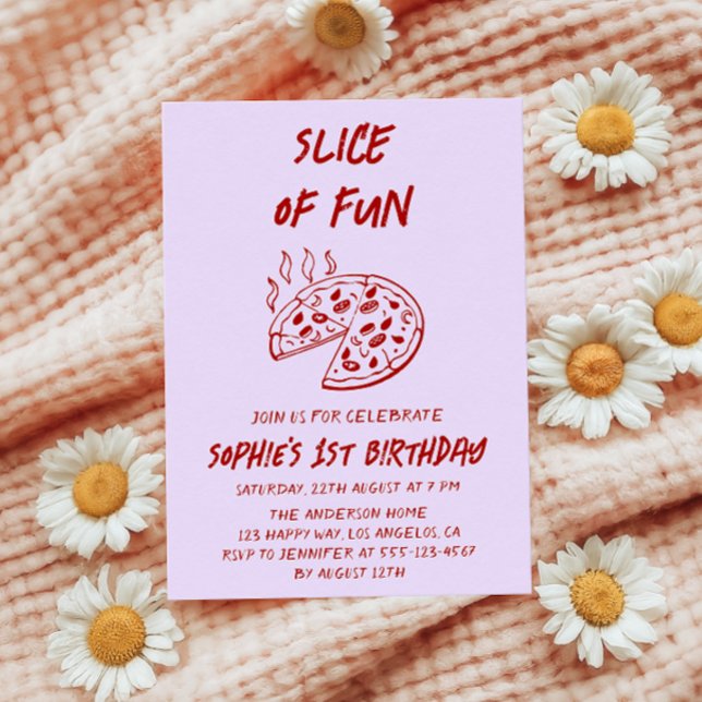 Invitación Tarta de cumpleaños de pizza roja mínima divertida (Subido por el creador)