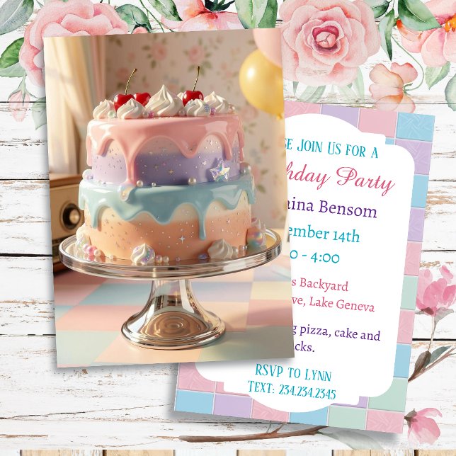 Invitación Tarta de Cumpleaños de Vidrio Pastel con Cerezas (Subido por el creador)