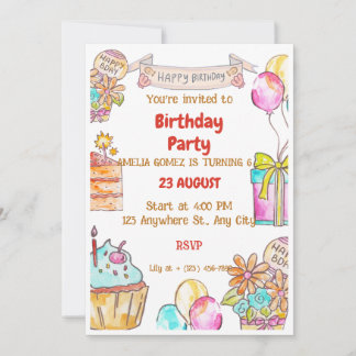 Invitación Tarta de Cumpleaños Feliz Cumpleaños Globos Acuare