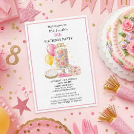 Invitación Tarta de cumpleaños floral y globos para niñas de