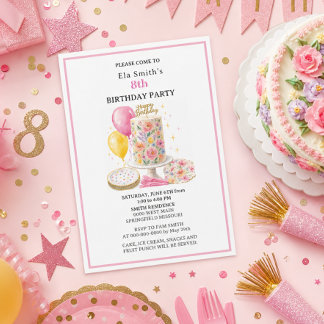 Invitación Tarta de cumpleaños floral y globos para niñas de