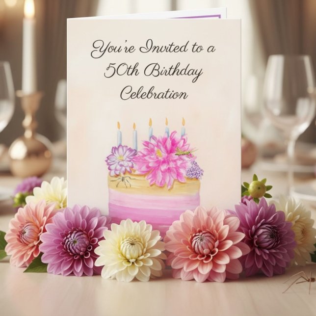 Invitación Tarta de cumpleaños número 50 con dalia e insecto  (Subido por el creador)