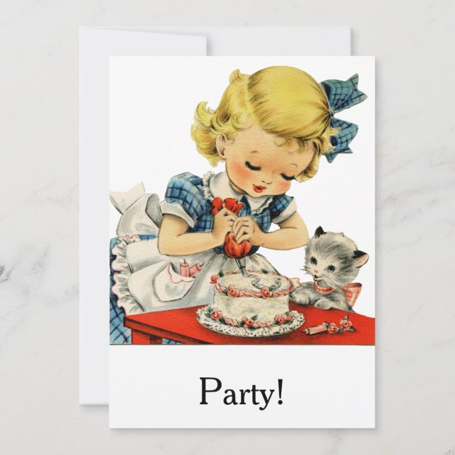 Invitación Tarta de cumpleaños retro de niña gato arte infant (Reverso)