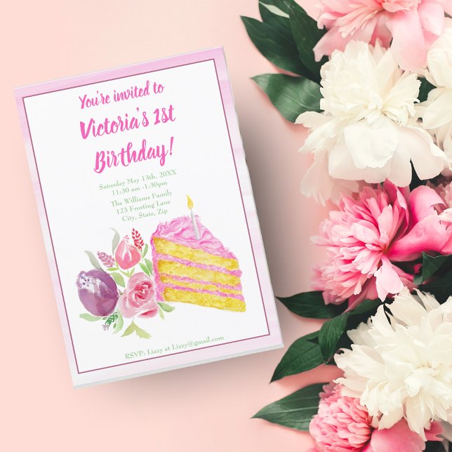 Invitación Tarta de cumpleaños rosa de acuarela con flores (Subido por el creador)