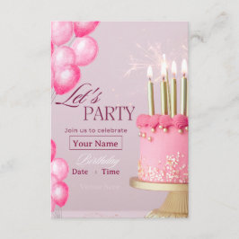 Invitación Tarta de cumpleaños rosa y celebración con globos