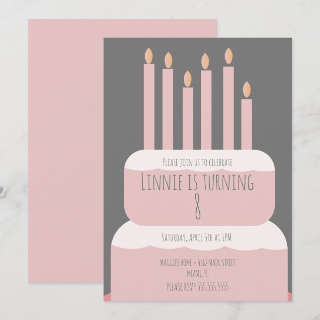 Invitación Tarta de Cumpleaños Sencilla con Velas de Fiesta R (Anverso / Reverso)
