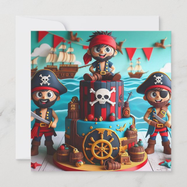 INVITACIÓN TARTA DE CUMPLEAÑOS TEMÁTICA DE PIRATAS DIVERTIDOS (Anverso)