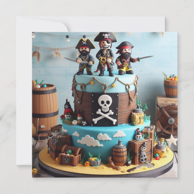 INVITACIÓN TARTA DE CUMPLEAÑOS TEMÁTICA DE TRES PIRATAS DIVER (Anverso)