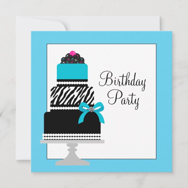 Invitación Tarta De Cupcake De Cebra Azul Turquesa Cumpleaños (Anverso)