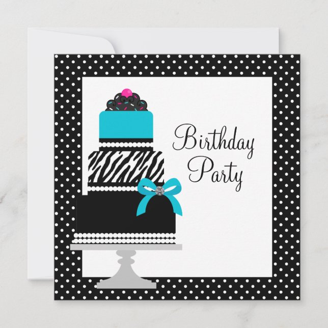 Invitación Tarta De Cupcake De Cebra Azul Turquesa Cumpleaños (Anverso)