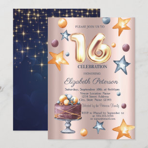 Invitación Tarta de Estrellas Azul Marino Rosa Dorado Invitac