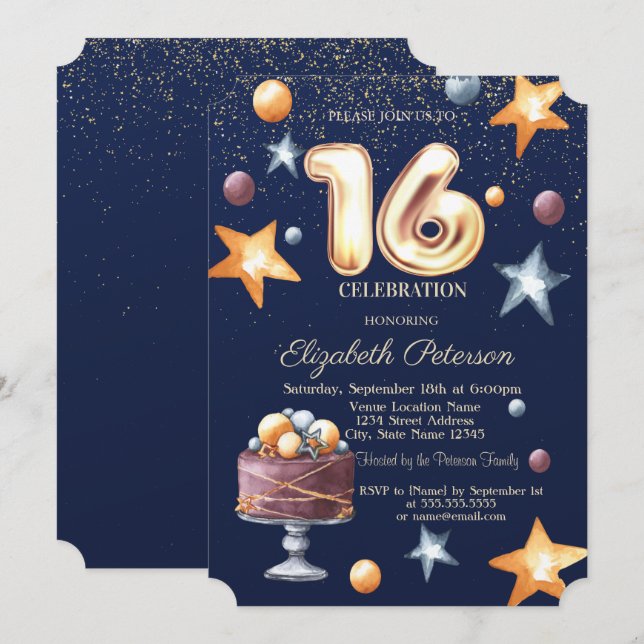 Invitación Tarta de estrellas Confeti Fiesta Dulces 16 (Anverso / Reverso)