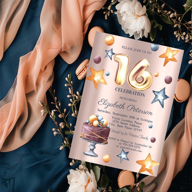 Invitación Tarta de estrellas globos de oro rosa Dulces 16 (Subido por el creador)