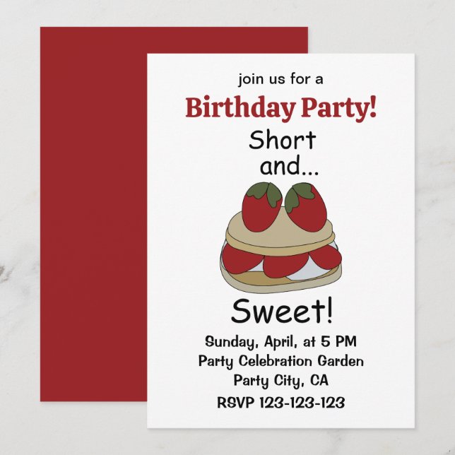 Invitación Tarta de Fresa Cumpleaños Corto y Dulce (Anverso / Reverso)