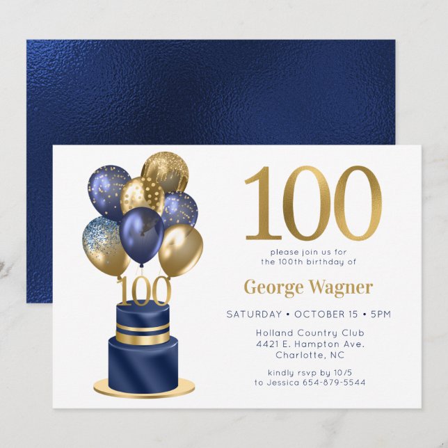 Invitación Tarta de globos azul marino por 100 cumpleaños (Anverso / Reverso)