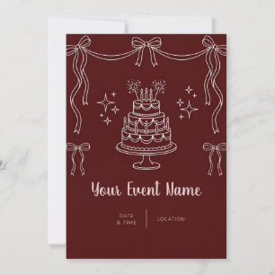 Invitación Tarta de Línea de Lazo Granate Blanco