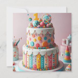 Invitación TARTA DE LUNares COLORIDA 1er CUMPLEAÑOS