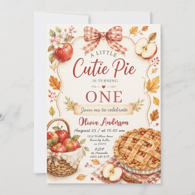 Invitación Tarta de Manzana Red Bow Cumpleaños Uno (Anverso)
