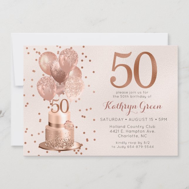 Invitación Tarta de oro rosa Cumpleaños 50 (Anverso)