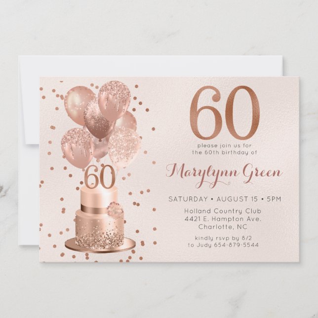 Invitación Tarta de oro rosa Cumpleaños 60 (Anverso)