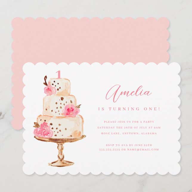 Invitación Tarta de oro rosa floral para primera fiesta de cu (Anverso / Reverso)