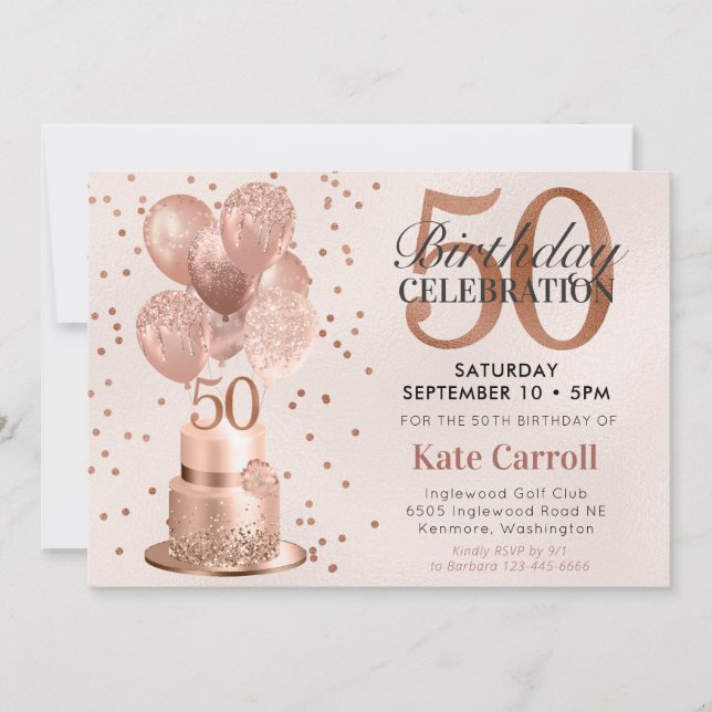 Invitación Tarta de oro rosa para 50 cumpleaños (Anverso)