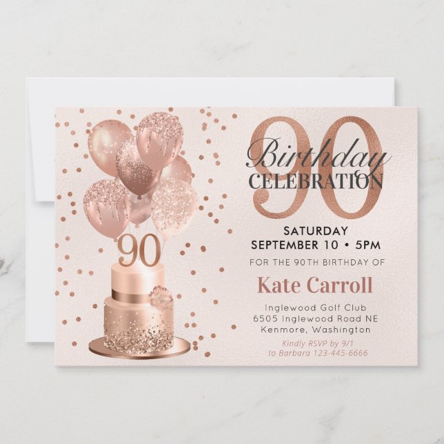 Invitación Tarta de oro rosa para 90 cumpleaños (Anverso)