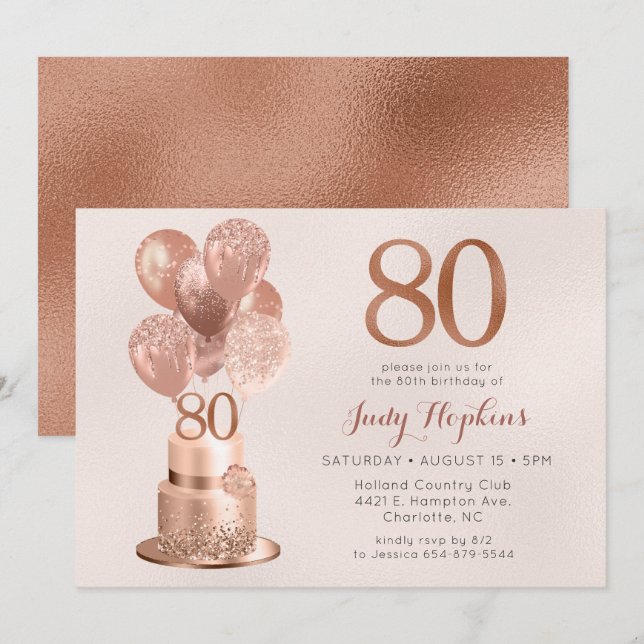 Invitación Tarta de oro rosa para el 80 cumpleaños (Anverso / Reverso)
