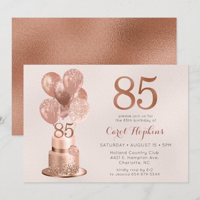 Invitación Tarta de oro rosa para el 85 cumpleaños (Anverso / Reverso)