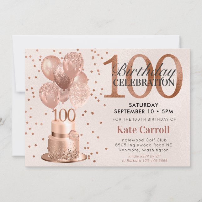 Invitación Tarta de oro rosa por 100 cumpleaños (Anverso)