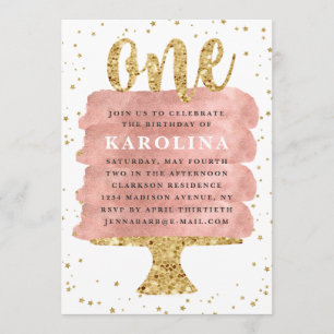 Invitación Tarta de purpurina y oro rosa para primer cumpleañ