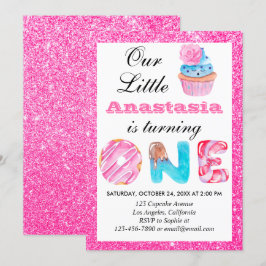 Invitación Tarta Dulce Cumpleaños 1 Rosa Brillante
