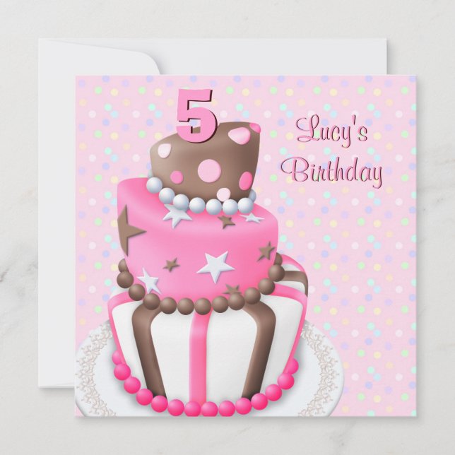 Invitación Tarta marrón rosa cumpleaños niñas 5 (Anverso)