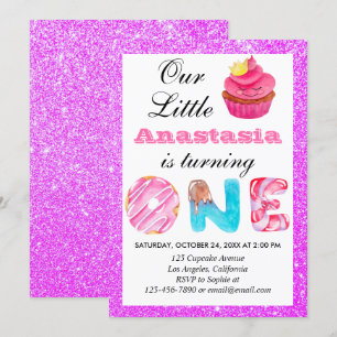 Invitación Tarta pequeña Morado Brillante Cumpleaños 1 Uno
