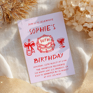 Invitación Tarta Roja Dibujada a Mano Elegante Cumpleaños 30
