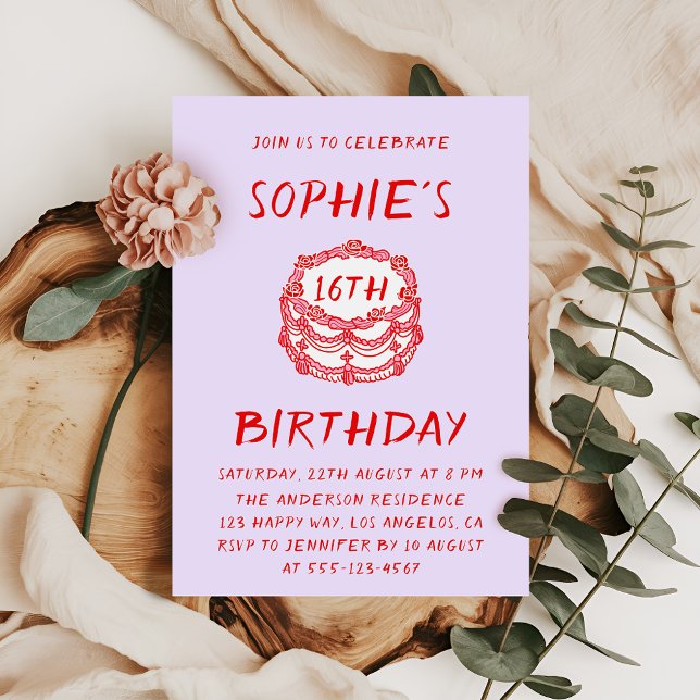 Invitación Tarta Roja Dibujada a Mano Mínima Cumpleaños 16 (Subido por el creador)