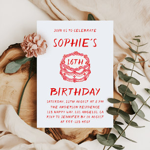 Invitación Tarta Roja Dibujada a Mano Mínima Cumpleaños 16