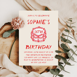 Invitación Tarta Roja Dibujada a Mano Mínima Cumpleaños 16
