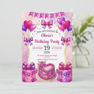 Invitación Tarta rosa acuarela y corazón floral cumpleaños