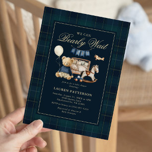Invitación Tartan “Apenas Podemos Esperar” Oso Fiesta de Bebé