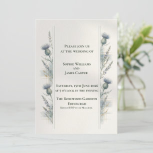 Invitación Tartan Botánico Azul de Cardo Boda Escocesa