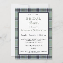 Invitación Tartan Clásico Verde Salvia Gris Azul  Baby Shower