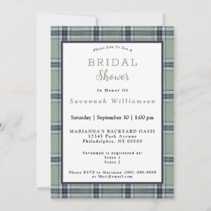 Invitación Tartan Clásico Verde Salvia Gris Azul  Baby Shower