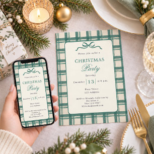 Invitación Tartan Cuadros Verde Salvia Crema Lazo Fiesta de N