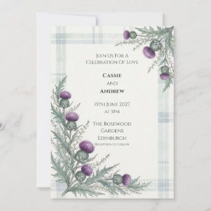 Invitación Tartan de cardo y acuarela suave de las Highlands